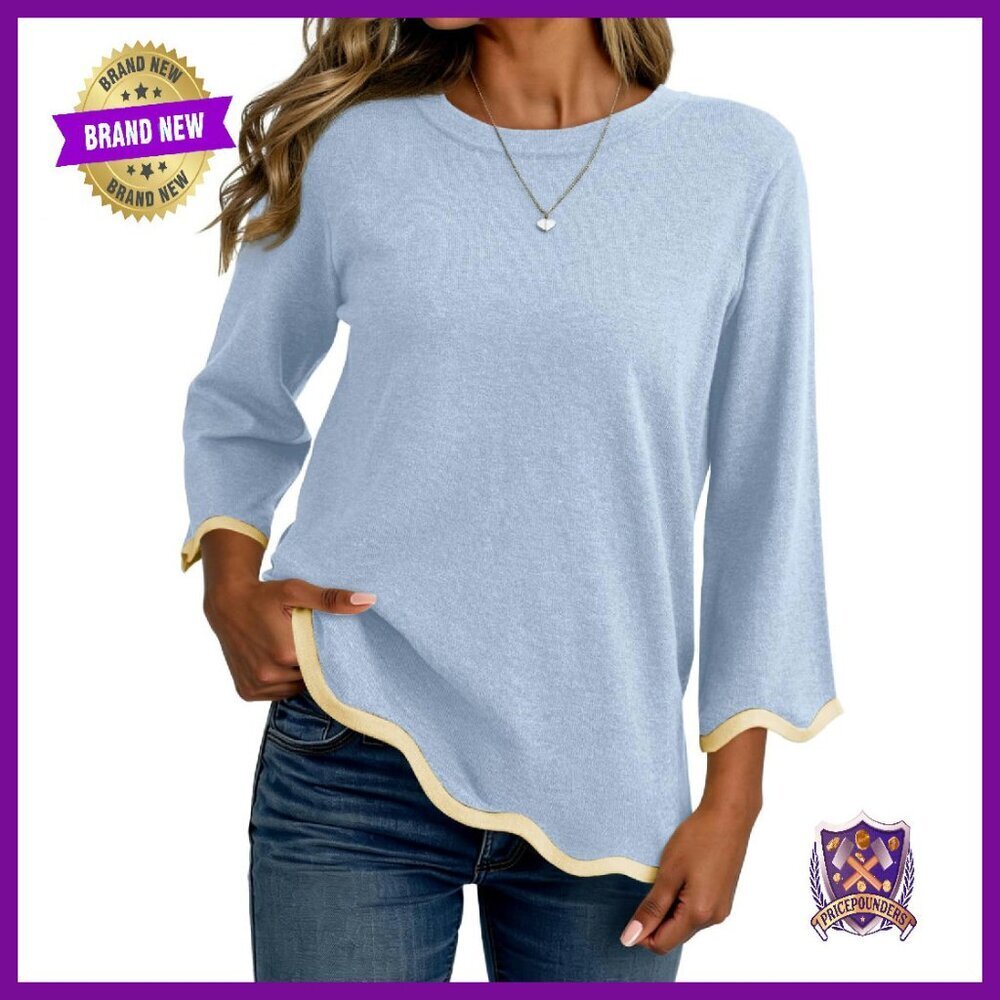 Wool Blend 3/4 Sleeve Crewneck Sweater Relaxed Fit Pullover